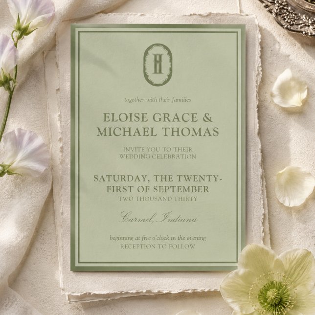 Convites Casamento com Monograma em Verde Sálvia Elegante (Elegant Sage Green Monogram Wedding Invitation
)