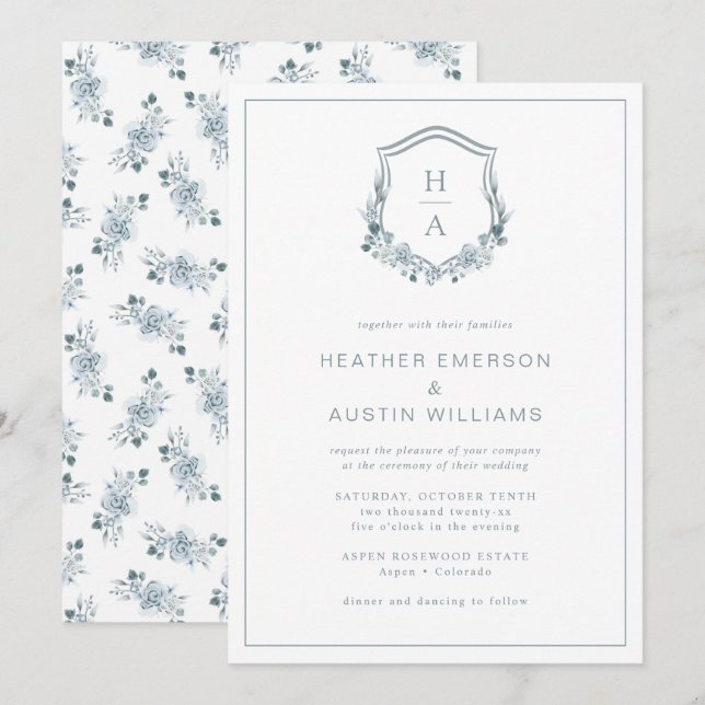 Convites Casamento com Monograma Floral Azul (Frente/Verso)