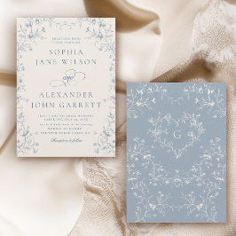 Convites Casamento com Monograma Floral Azul Romântico