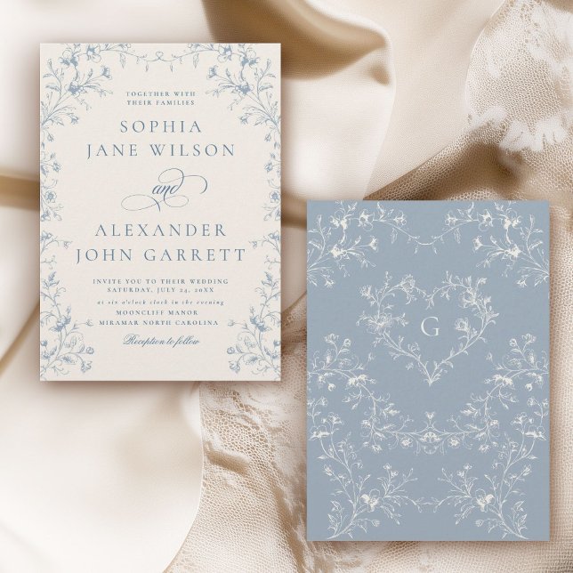 Convites Casamento com Monograma Floral Azul Romântico (Criador carregado)