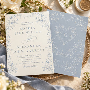 Convites Casamento com Monograma Floral Azul Romântico