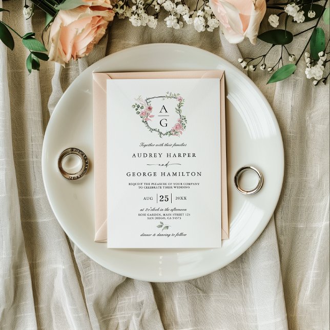 Convites Casamento com Monograma Floral Cor-de-Rosa Elegant (Criador carregado)