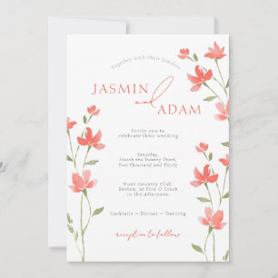 Convites Casamento com Monograma Floral de Coral Elegante