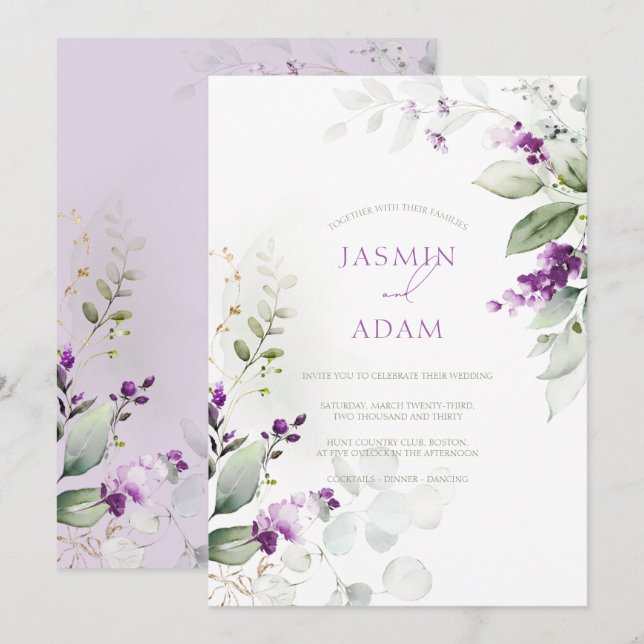 Convites Casamento com Monograma Floral de Eucalipto Roxo E (Frente/Verso)