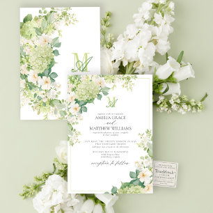 Convites Casamento com Monograma Floral de Hortênsia Verde