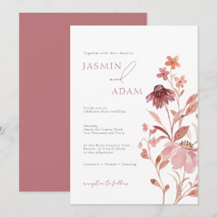 Convites Casamento com Monograma Floral Elegante em Rosa Po