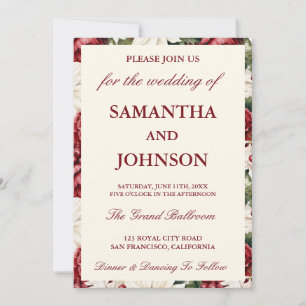Convites Casamento com Monograma Floral em Marfim e Borgonh