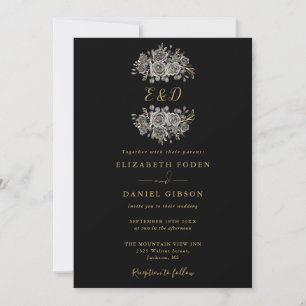Convites Casamento com Monograma Floral Gótico Preto e Dour