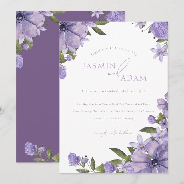 Convites Casamento com Monograma Floral Roxo Elegante (Frente/Verso)