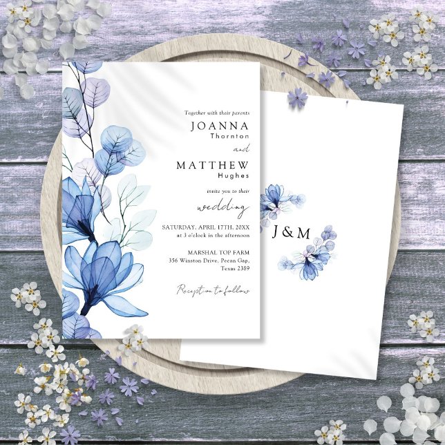 Convites Casamento com Monograma Floral Transparente em Azu (Dusty Blue Transparent Floral Monogram Wedding Invitation)