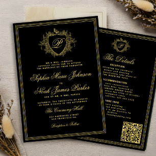 Convites Casamento com monograma formal QR dourado preto cl