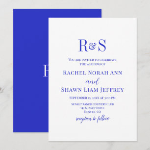 Convites Casamento com Monograma Moderno Azul Real Elegante