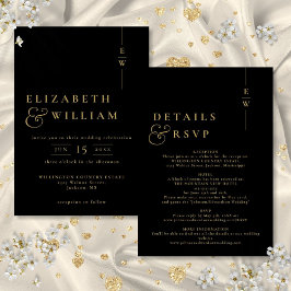 Convites Casamento com Monograma Moderno Preto e Dourado