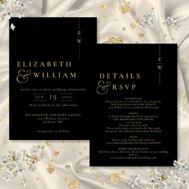 Convites Casamento com Monograma Moderno Preto e Dourado (Black And Gold All In One Modern Monogram Wedding Invitation)