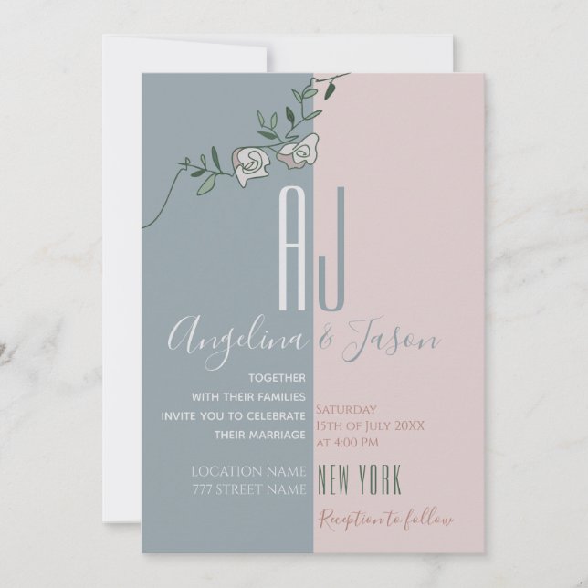 Convites Casamento com Monograma Moderno Rosa Bege Azul (Frente)
