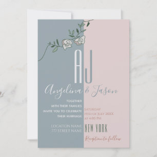 Convites Casamento com Monograma Moderno Rosa Bege Azul