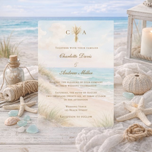 Convites Casamento com monograma na praia costeira (Criador carregado)