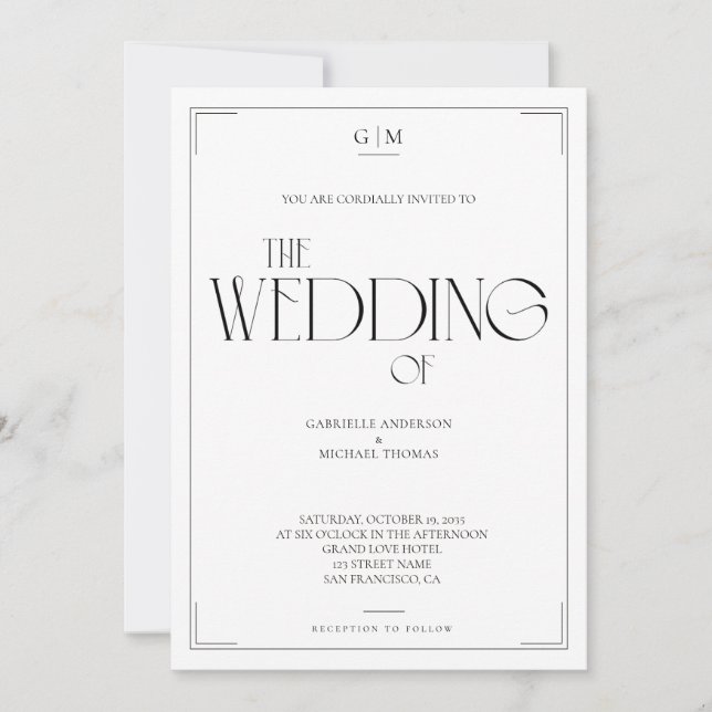Convites Casamento com Monograma Preto e Branco Minimalista (Frente)
