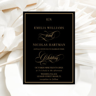 Convites Casamento com Monograma Preto e Dourado
