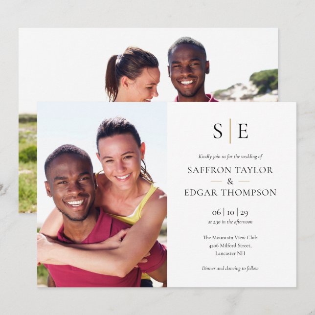 Convites Casamento com Monograma Preto e Dourado Chic 2 Fot (Frente/Verso)