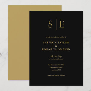 Convites Casamento com Monograma Preto e Dourado Elegante