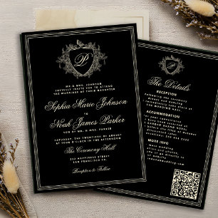 Convites Casamento com monograma QR formal em marfim preto 