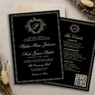 Convites Casamento com monograma QR formal em marfim preto
