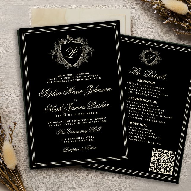 Convites Casamento com monograma QR formal em marfim preto  (Criador carregado)