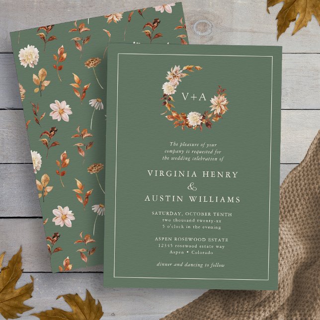 Convites Casamento com Monograma Sage (Autumn Leaves Sage Green Monogrammed Wreath  Wedding Invitation by Painted Paperie
)