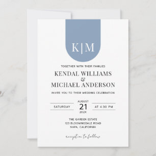 Convites Casamento com monograma simples branco azul empoei