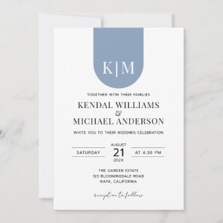 Convites Casamento com monograma simples branco azul empoei