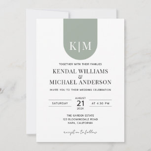 Convites Casamento com monograma simples branco verde empoe