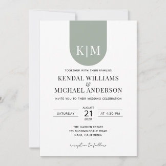 Convites Casamento com monograma simples branco verde empoe