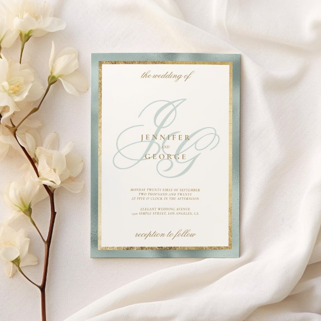 Convites Casamento com monograma verde de horta dourada leg (Elegant gold mint green monogram initials wedding)