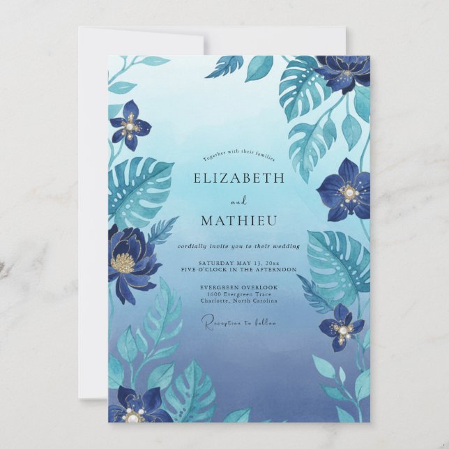 Convites Casamento com Monstera de Eucalipto Tropical Índig (Frente)