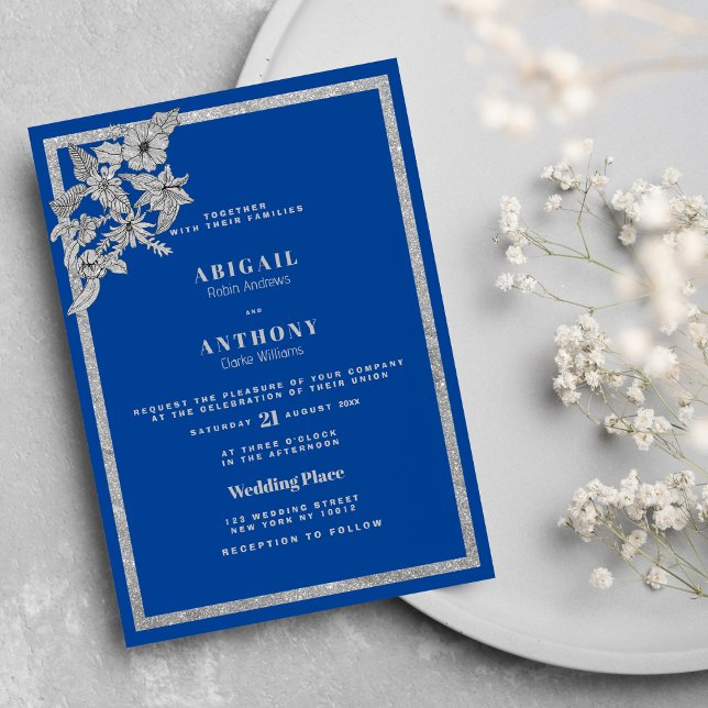 Convites Casamento com Na moda Floral Real de Prata Azul (Royal Blue Silver Glitter Floral Stylish Wedding Invitation )