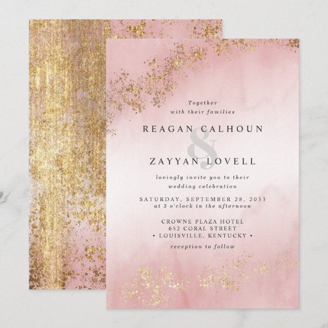 Convites Casamento com Neblina Rosa Bege Luxo Moderno com R (Frente/Verso)