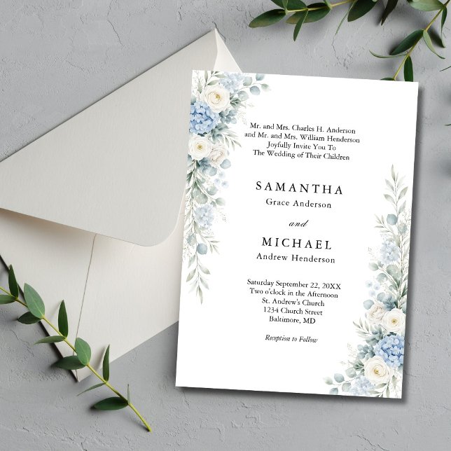 Convites Casamento com Nomes dos Pais em Azul Empoeirado co (Dusty blue, cream and white watercolor florals elegant traditional wedding invitation)
