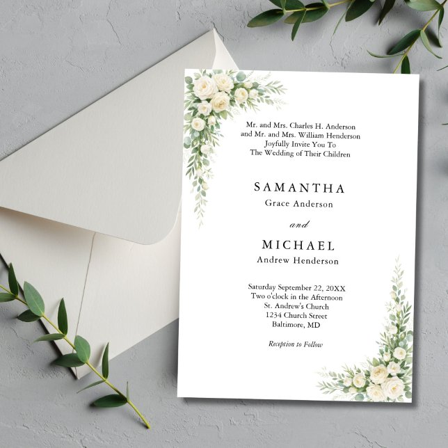 Convites Casamento com Nomes dos Pais em Flores de Creme Br (White Cream Watercolor Florals Roses Elegant Traditional Classic Wedding Invitation)