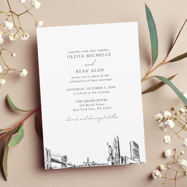 Convites Casamento com Nova Iorque preto e branco do Skylin (Modern Skyline Black & White New York City Wedding Invitation)
