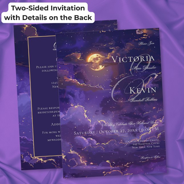 Convites Casamento com Nuvens Iluminadas pela Lua em Roxo S (Dark Moody Purple & Gold Moonlit Clouds Wedding Invitation)