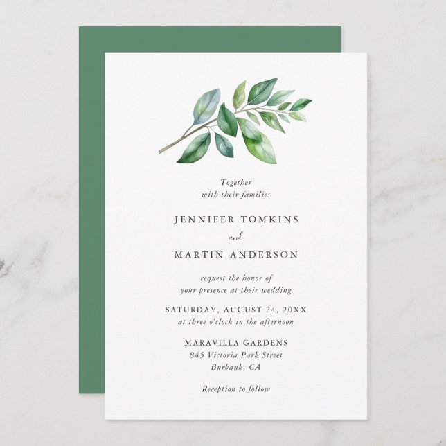 Convites Casamento com o Branch Simples Watercolor Greenery (Frente/Verso)