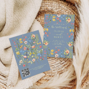 Convites Casamento com o Código QR Azul Moderno de Flores S