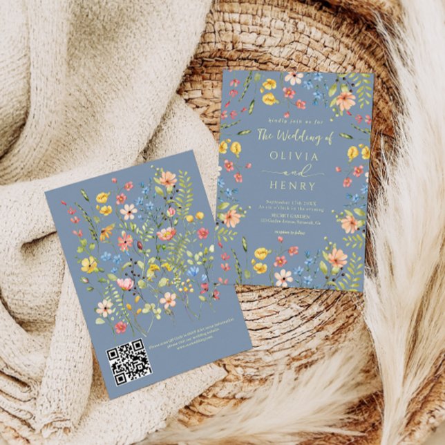 Convites Casamento com o Código QR Azul Moderno de Flores S (Criador carregado)