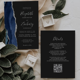 Convites Casamento com o Código QR Dark Marinho Azul Prata 