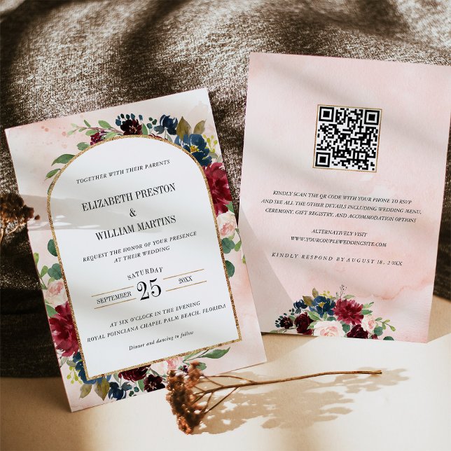 Convites Casamento com o Código QR do Frame Floral do Arch  (Criador carregado)