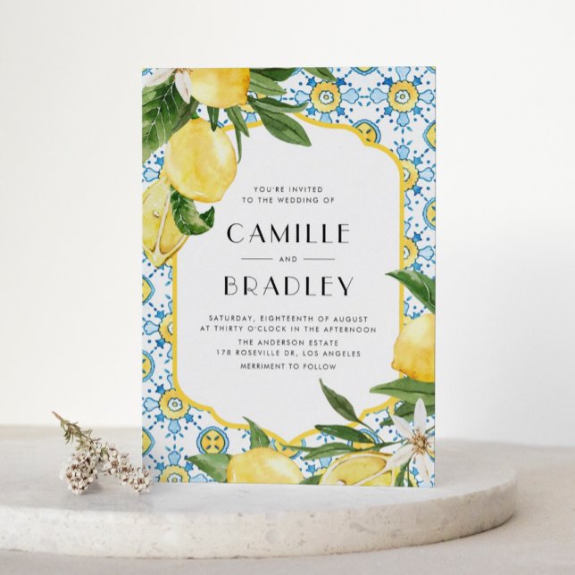 Convites Casamento com o Código QR dos Padrões de Azulejo e (Watercolor Moroccan Tile and Lemon Design Mediterranean QR Code Wedding Invitation)