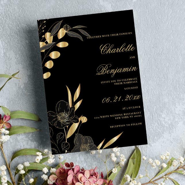 Convites Casamento com o tema floral elegante do ouro do lu (Luxury gold black elegant floral theme wedding)