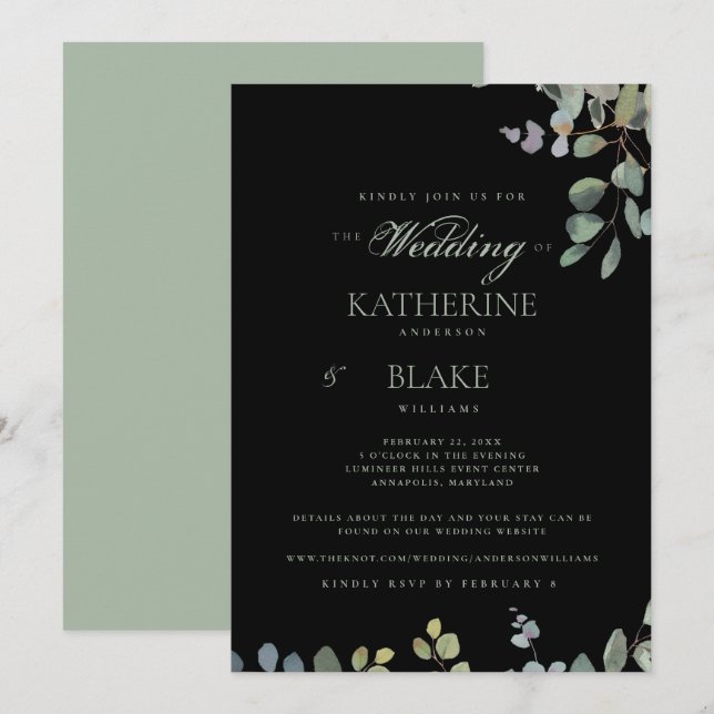 Convites Casamento com o website Elegante Grace Black Eucal (Frente/Verso)