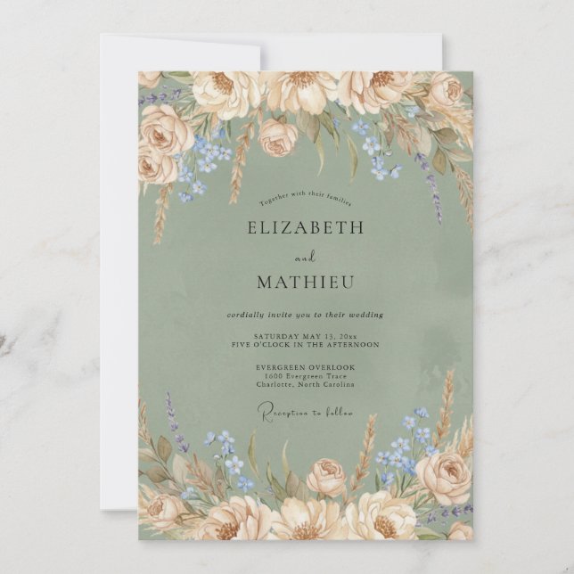 Convites Casamento com Oliva Champanhe Prado Eucalipto (Frente)